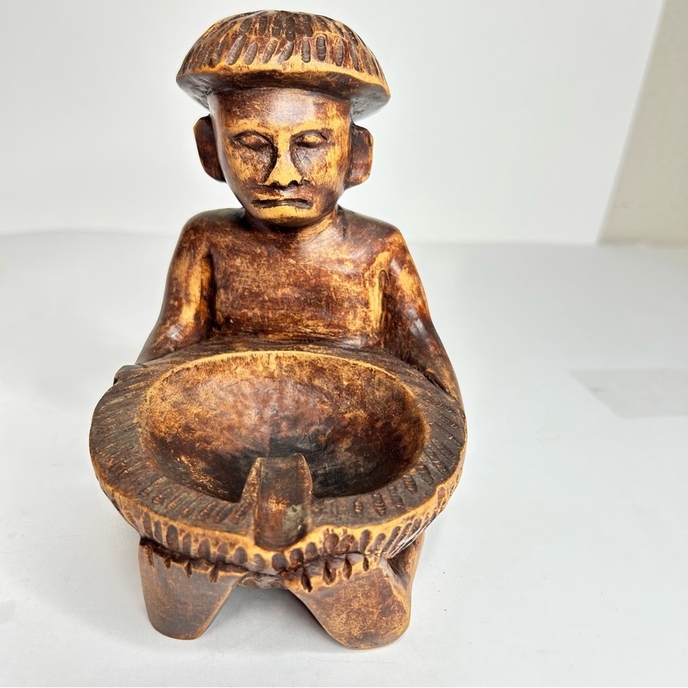 Vintage Carved Wooden Tribal Ashtray Figurine